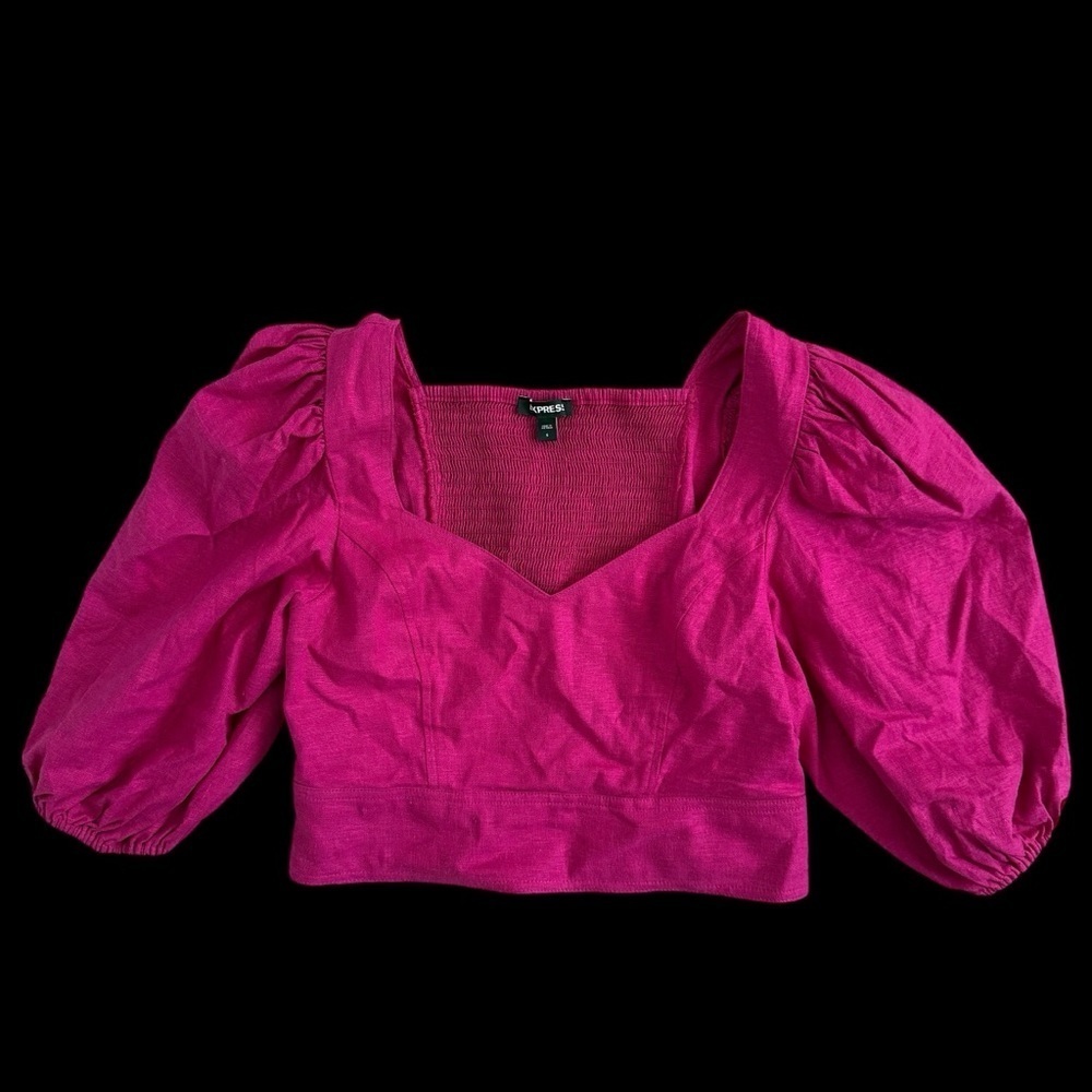 Express Hot Pink Puff Sleeve Linen Blend Crop Top Smocked Feminine Date Night